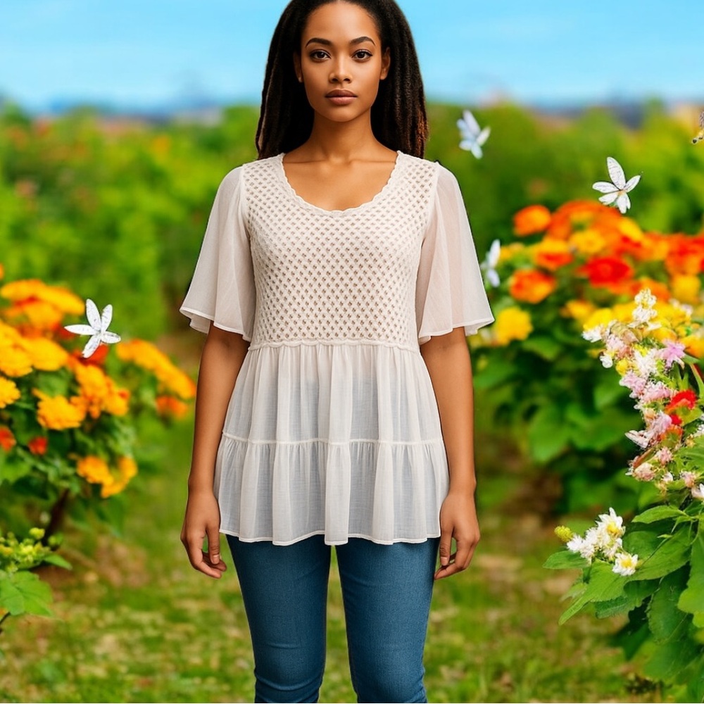 Dress barn cream sheer blouse with pleated sheer hem and sleeves! New